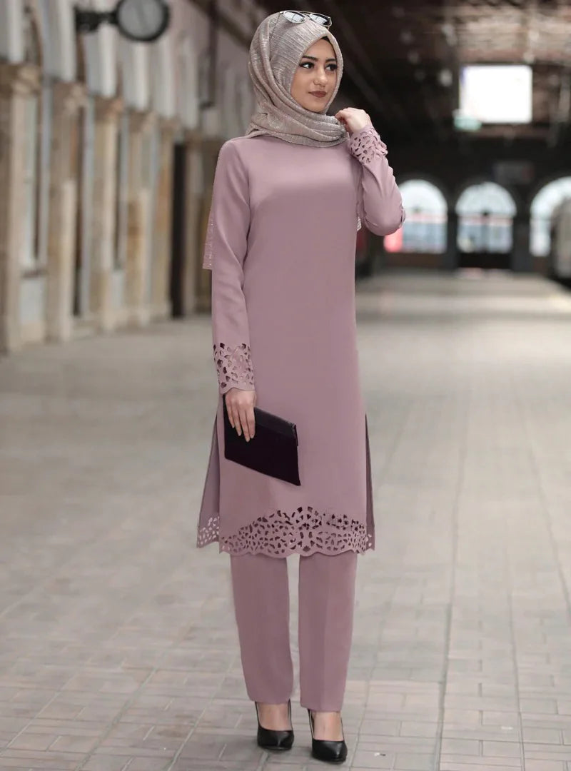 2025 Women Muslim Abaya Sets Fashion Hollow Out Long Sleeve Dreess and Pants Two Pieces Women Islamic Clothing Arab Dubai Kaftan