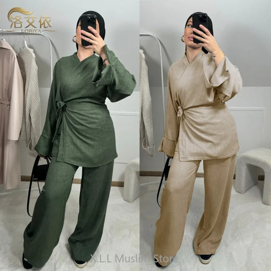 2 Pieces Set Modest Muslim Women Kimono Lace Up Tops Skirt Suit Dubai Turkey Kaftan Abaya Simple Femme Ensembles Musulmans