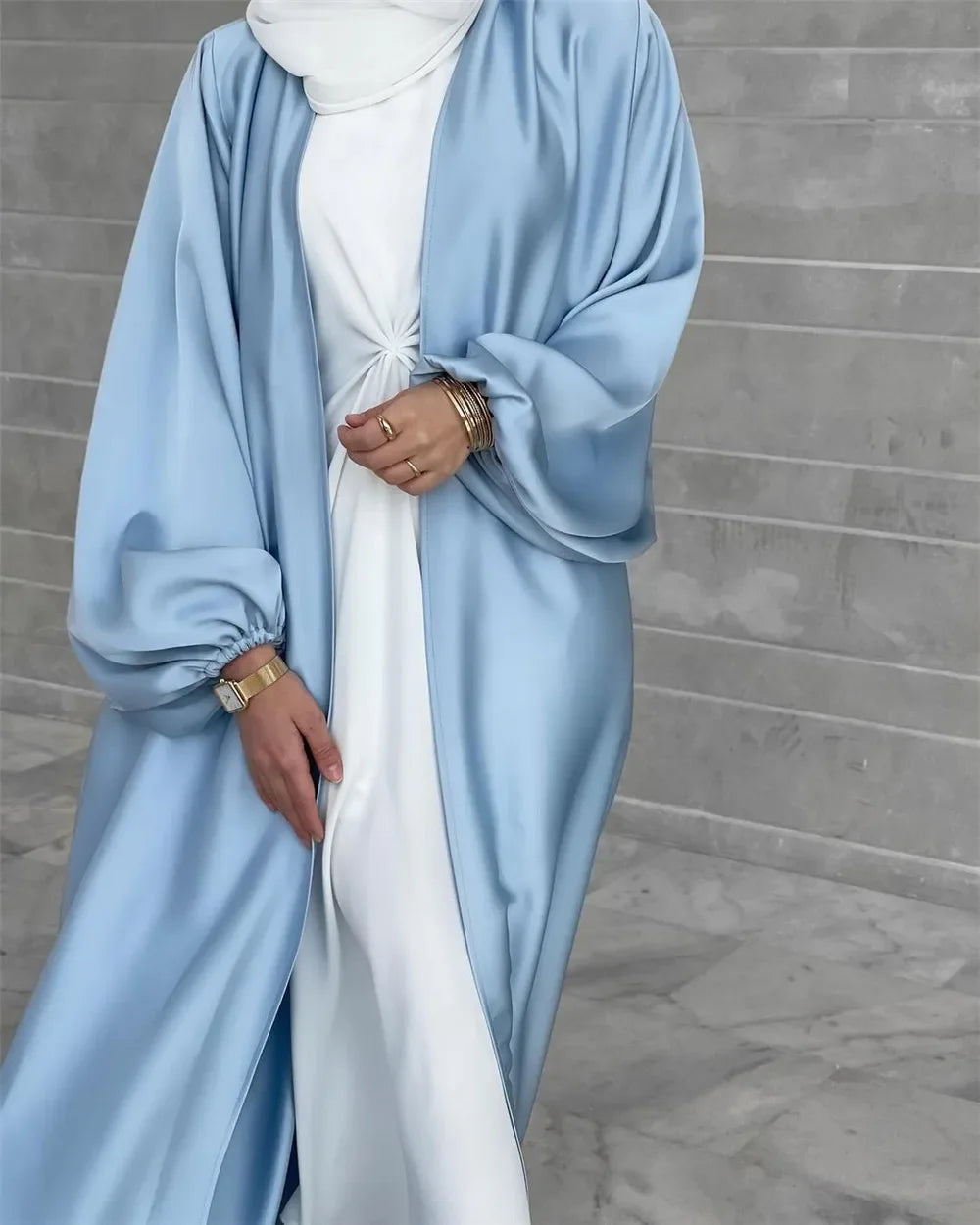 Satin Open Abaya Kimono Turkey BubbleSleeve Plain Abayas for Women Dubai 2023 Muslim Dress Islam Modest Outfit Kaftan Hijab Robe