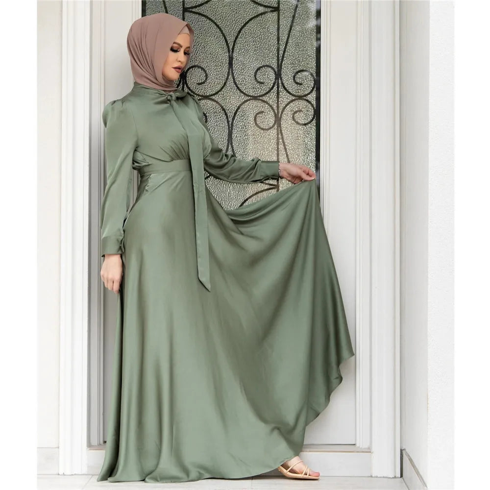 Eid Ramadan Dubai Muslim Turkish Satin Abaya Jalabiya Women Moroccan Caftan Party Maxi Dress Arab Kaftan Ribbon Robe Gown Abayas