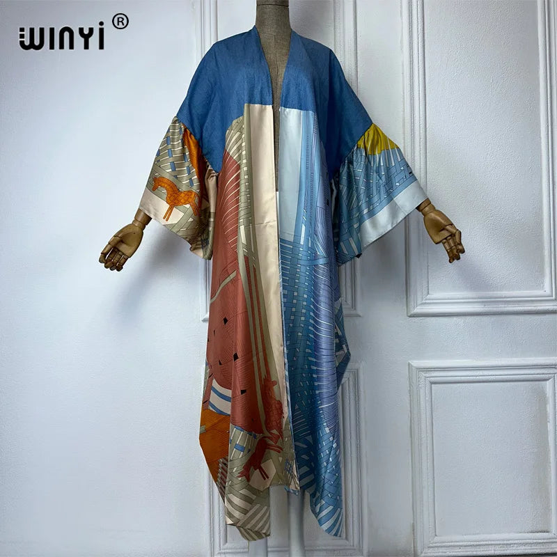 WINYI summer Denim patchwork printed cardigan for women OverCoat elegant kimono long down coat kimono maxi dress open abaya