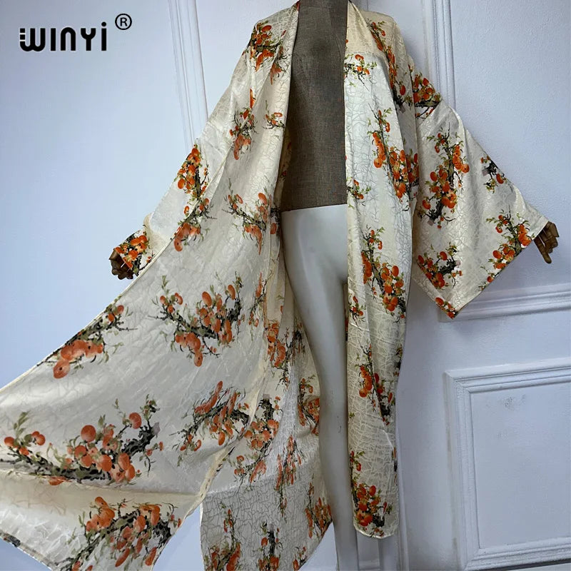 WINYI 2024 High-quality Double-sided Print Silk feel Dress Beach Wear Boho Cardigan abaya women muslim dress Long Sleeve Kimono