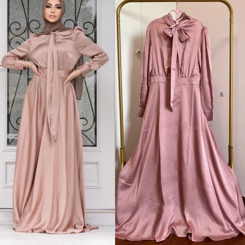 Eid Ramadan Dubai Muslim Turkish Satin Abaya Jalabiya Women Moroccan Caftan Party Maxi Dress Arab Kaftan Ribbon Robe Gown Abayas