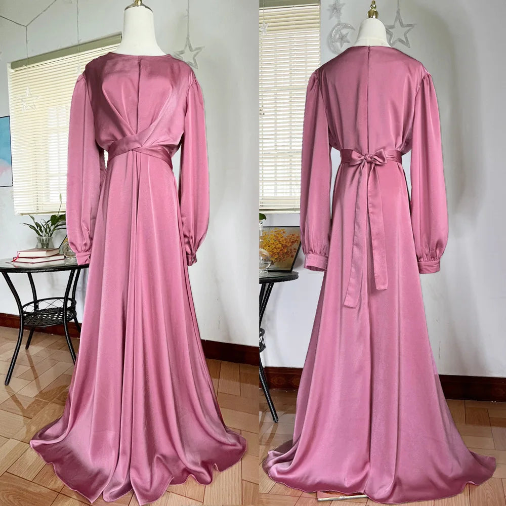 2023 Women Satin Robe Evening Party Long Dress Dubai Fashion Lace Up Belted Gown Muslim Abaya Kaftan Robe Ethnic Vestidos