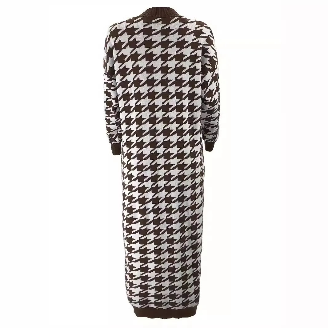 Muslim Women Knitted Coats Sweater Jacket Abaya Plaid Print Pockets Ramadan Modest Sweaters Morocco Dubai Casual Long Cardigan