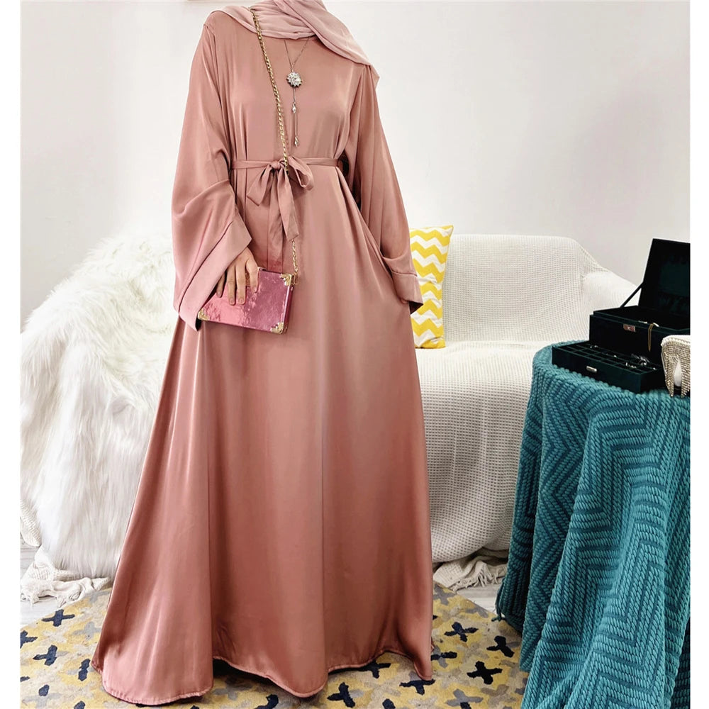 Eid Mubarak Satin Abaya Elegant Women Muslim Ramadan Long Maxi Dress Turkey Arabic Dubai Jalabiya Islamic Clothing Robe Vestidos