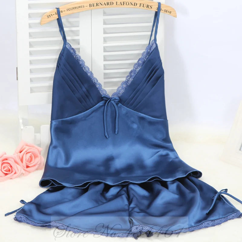 PLUS SIZE Suspender Pajamas Set Sleepwear Sexy Lace Bow Cami Shorts Pijamas Suit Lingerie Summer New Female Silky Satin Homewear