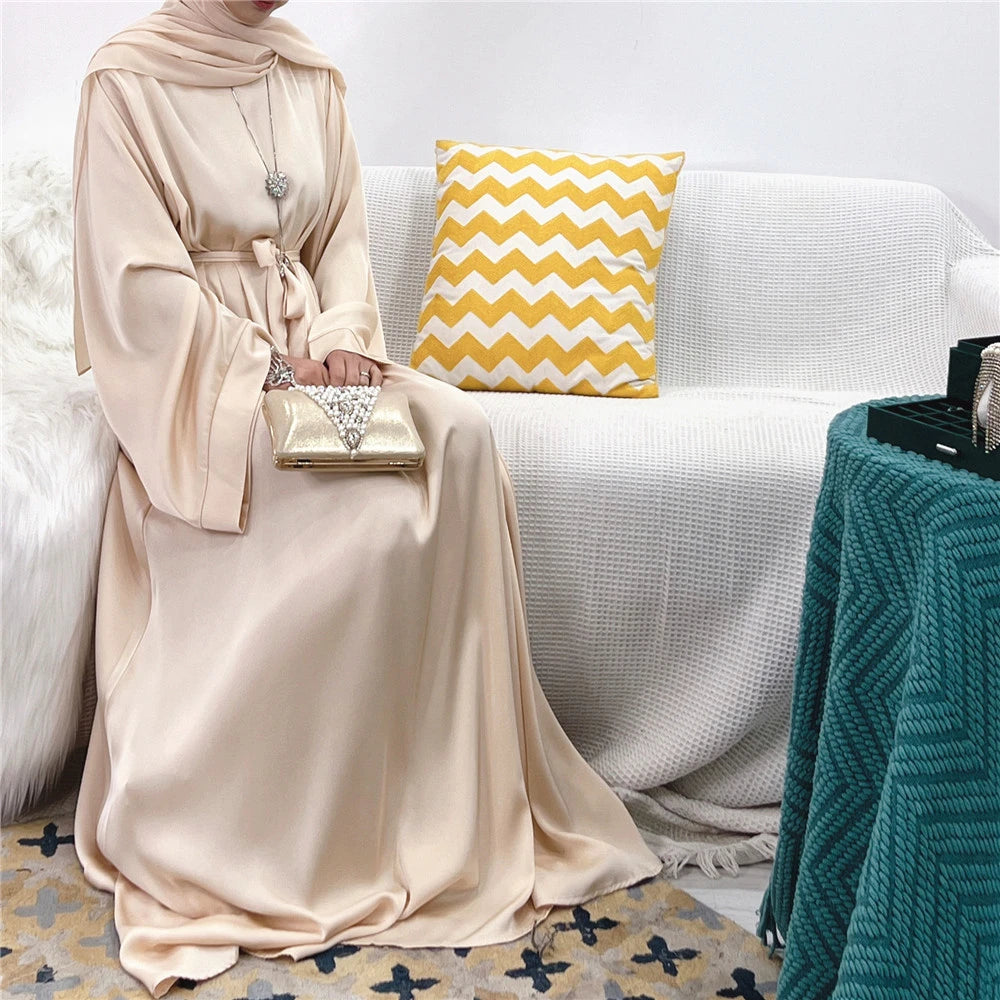 Eid Mubarak Satin Abaya Elegant Women Muslim Ramadan Long Maxi Dress Turkey Arabic Dubai Jalabiya Islamic Clothing Robe Vestidos