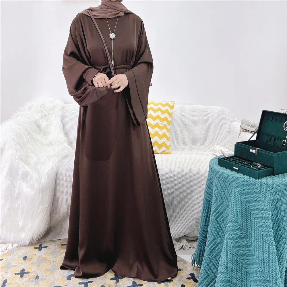 Eid Mubarak Satin Abaya Elegant Women Muslim Ramadan Long Maxi Dress Turkey Arabic Dubai Jalabiya Islamic Clothing Robe Vestidos