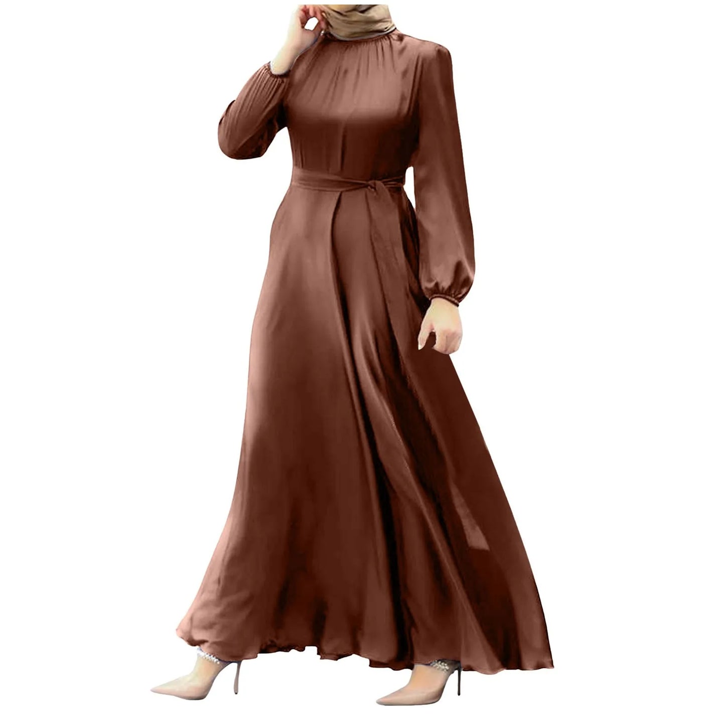 Women'S Muslim Party Solid Satin Maxi Dress 2024 Summer Chic Elegant Puff Sleeve Robe Casual Holiday Swing Kaftan Ol Dubai Abaya