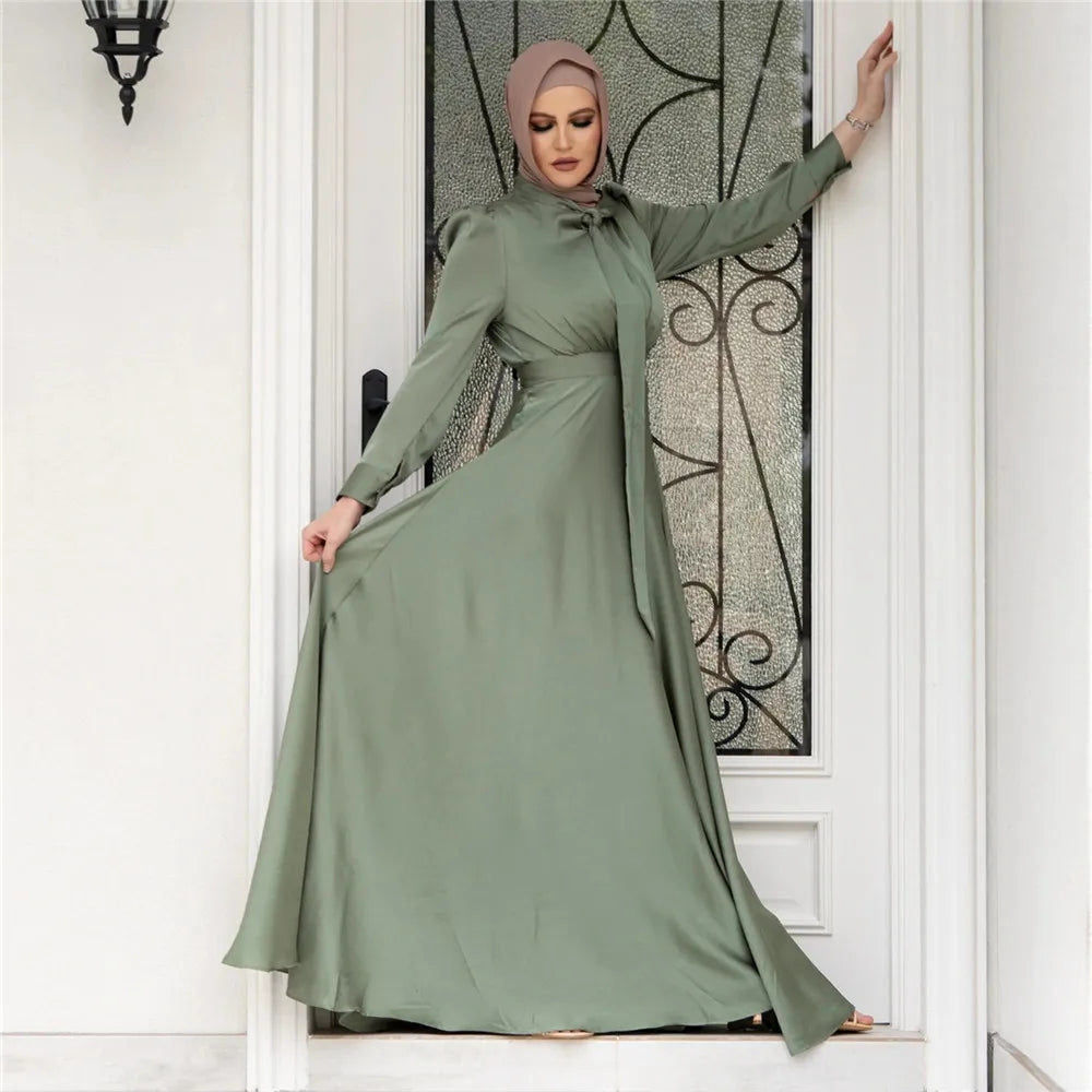 Eid Ramadan Dubai Muslim Turkish Satin Abaya Jalabiya Women Moroccan Caftan Party Maxi Dress Arab Kaftan Ribbon Robe Gown Abayas