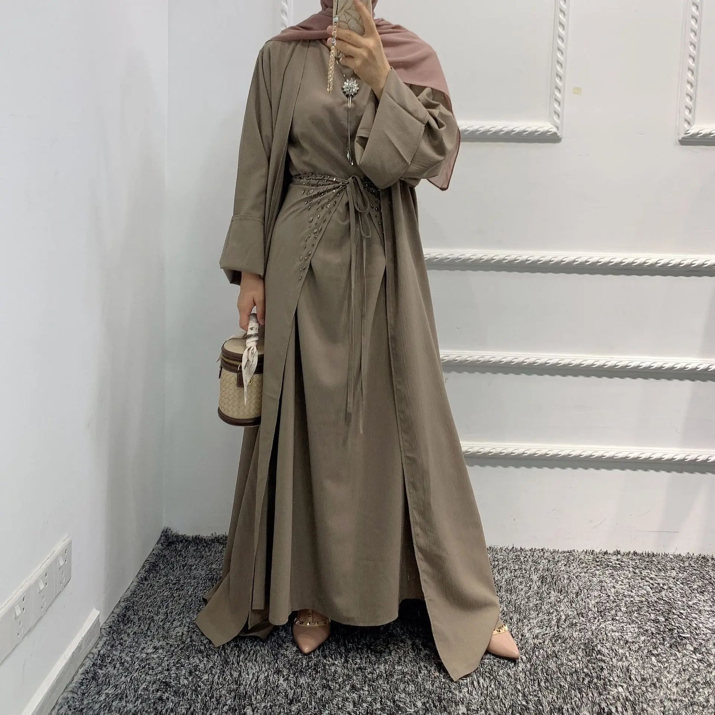 Fashion Muslim Kimono Abaya Cardigan Ramadan Dubai Turkey Eid Dress Sets for Women Islamic 2 Piece Sets Womens Outfits