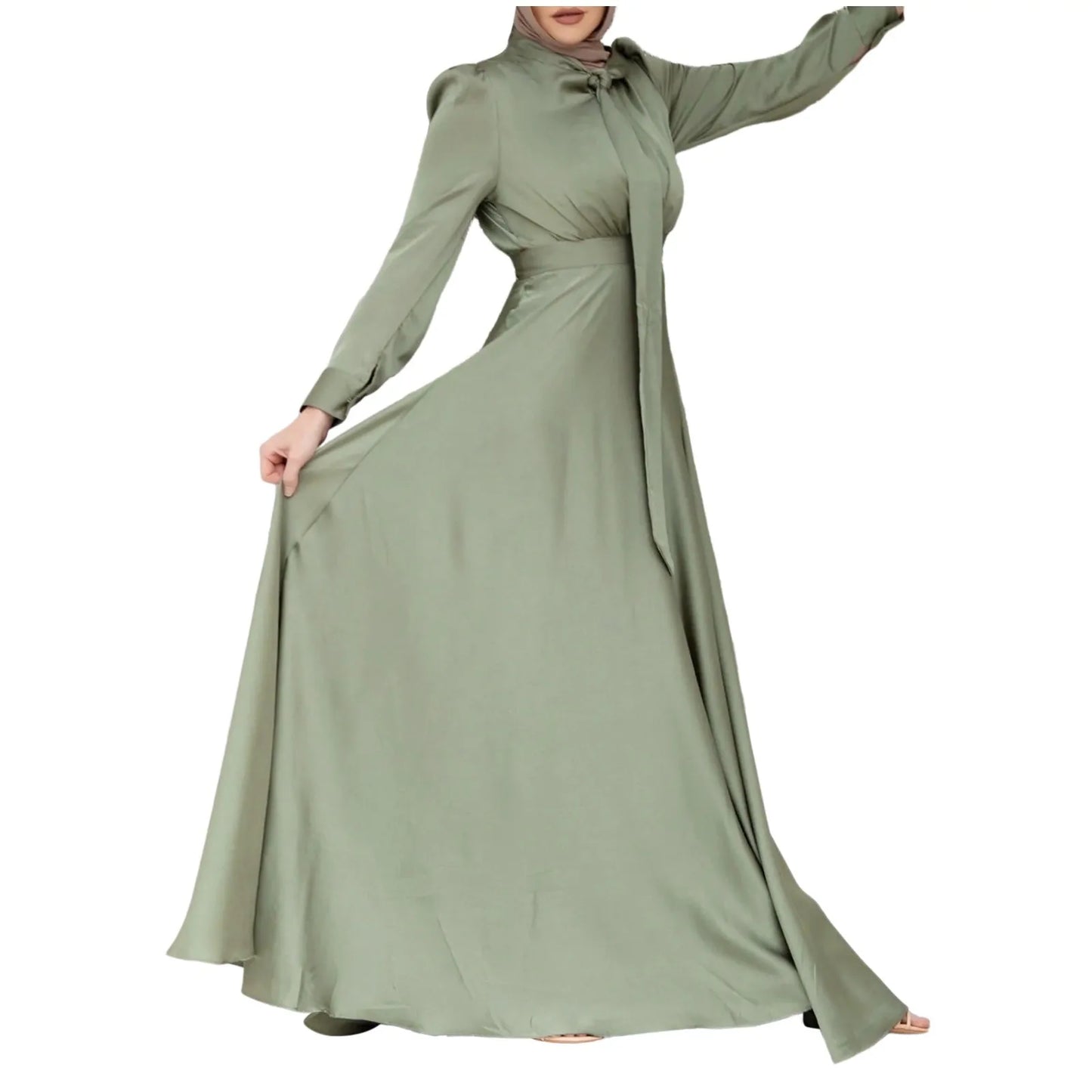 Women's Elegant Temperament Muslim Satin Dress Soft And Stylish Solid Color Long Evening Dress Loose Lace-up Dubai Dress