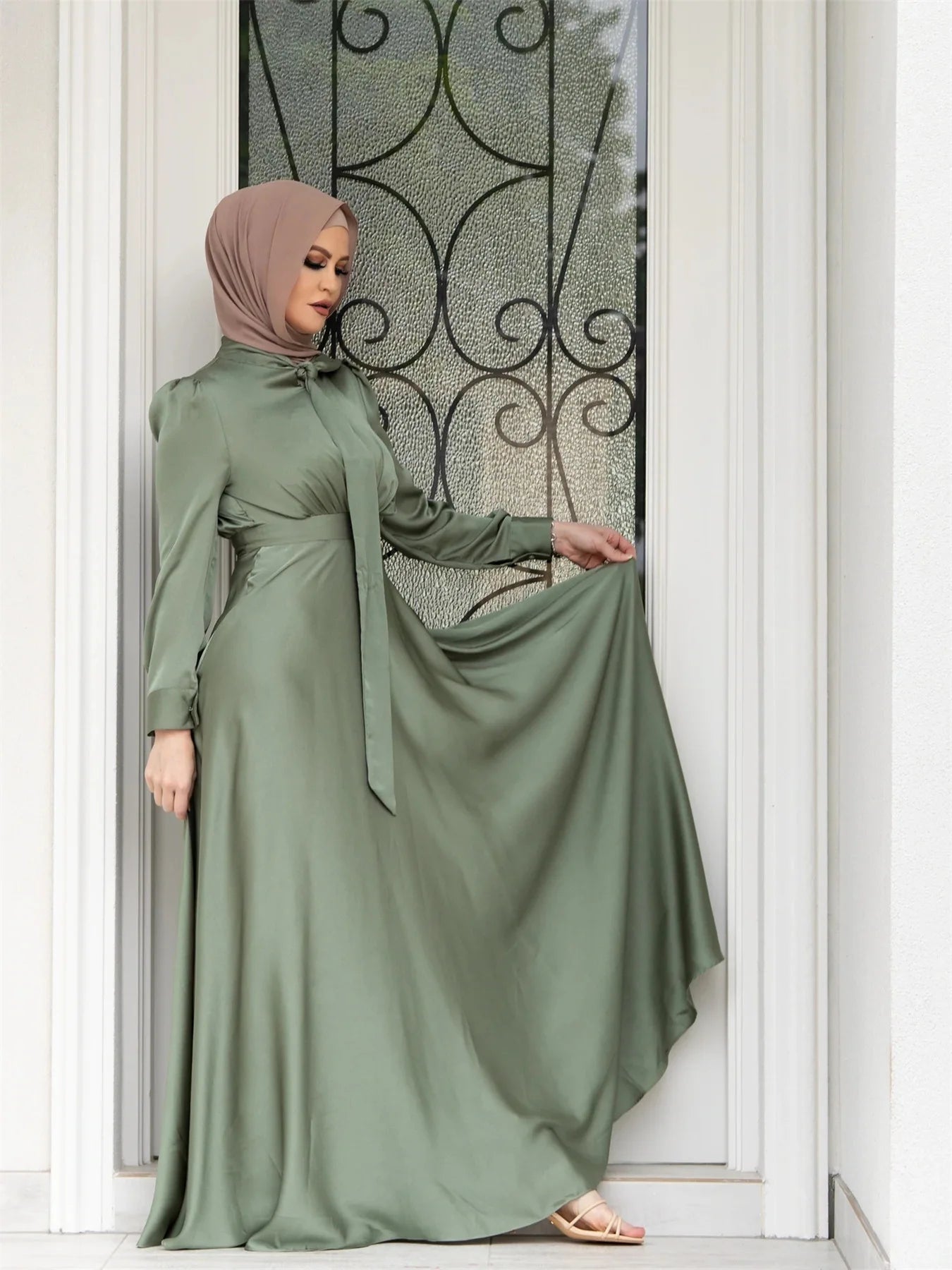 Elegant Satin Dress for Women Muslim Fashion Abaya Hijab Dubai Turkey Evening Dresses Arabic Kaftan Robe Female Islamic Clothing