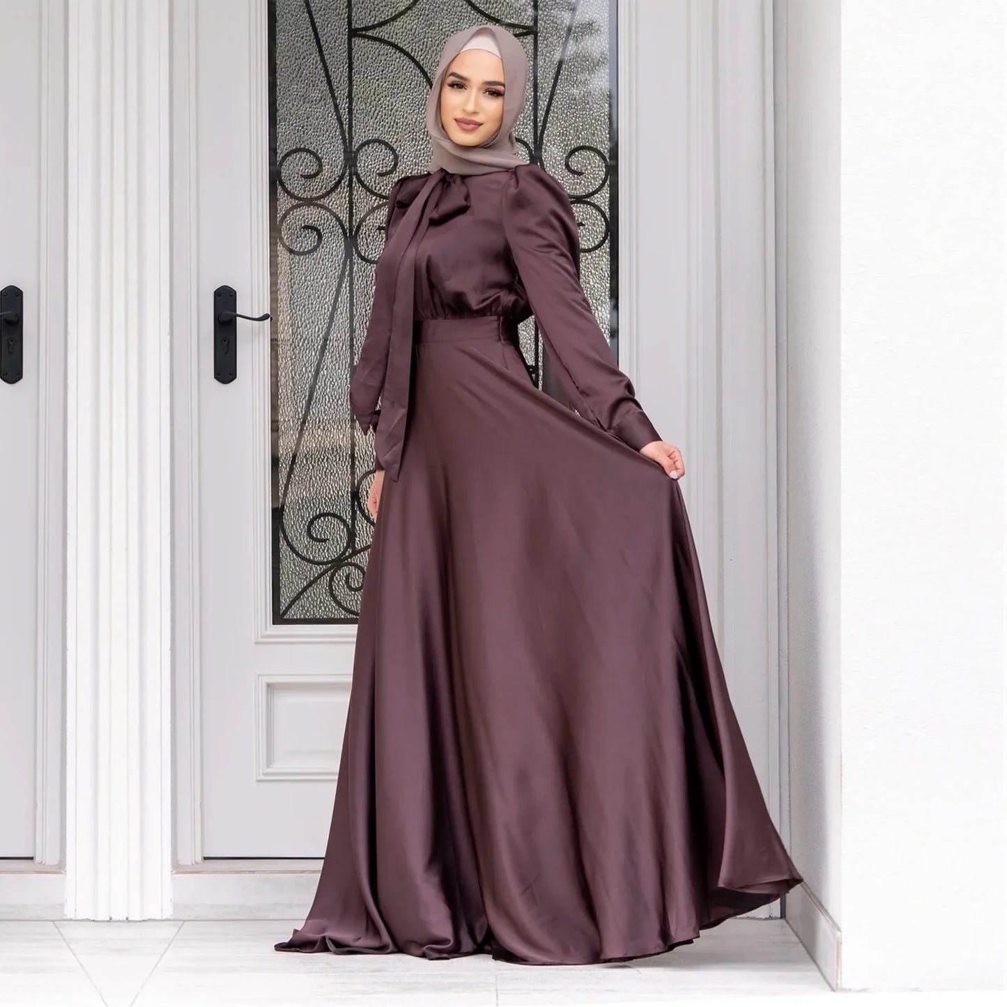 Elegant Satin Dress for Women Muslim Fashion Abaya Hijab Dubai Turkey Evening Dresses Arabic Kaftan Robe Female Islamic Clothing