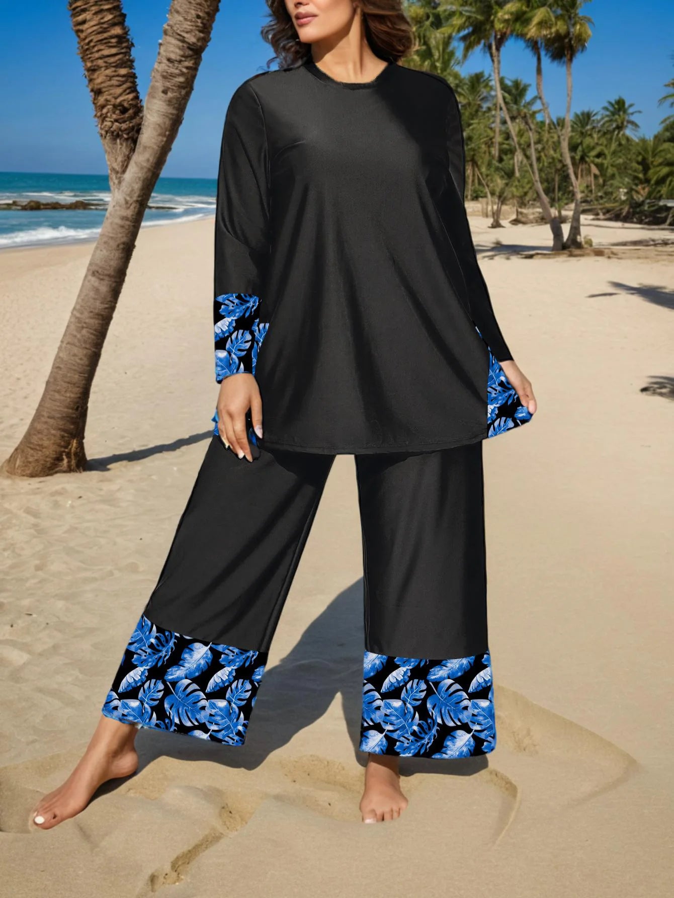 Women Muslim Swimwear Maple Leaf Printing Lslamic Clothes Hijab Long Sleeves Sport Swimsuit Burkinis Bathing Suit Abaya