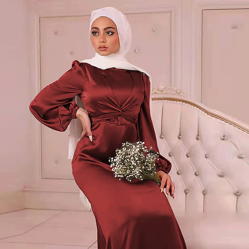 Elegant Abaya Satin Wrap Muslim Long Dress for Women Modern Hijab Robe Islamic Clothing Dubai Turkish Modest Dresses Ramadan Eid