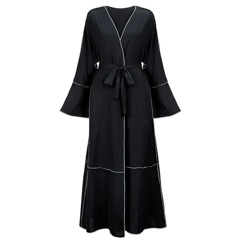 Women Autumn 2024 New Muslim Dress Fashion With Belt Open Kaftan Dubai Abaya Türkiye Cardigan Muslim Sets Islamic Clothing