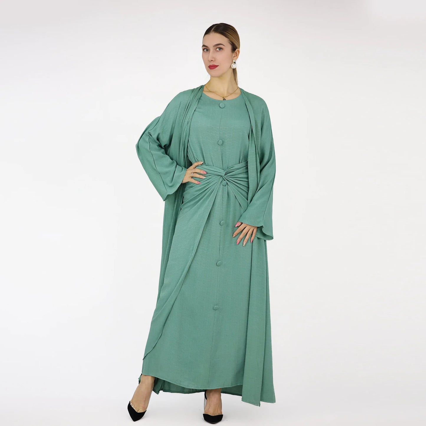 Fashion Muslim Kimono Abaya Cardigan Ramadan Dubai Turkey Eid Dress Islamic Loose Comfortable Solid Three Piece Set for Women