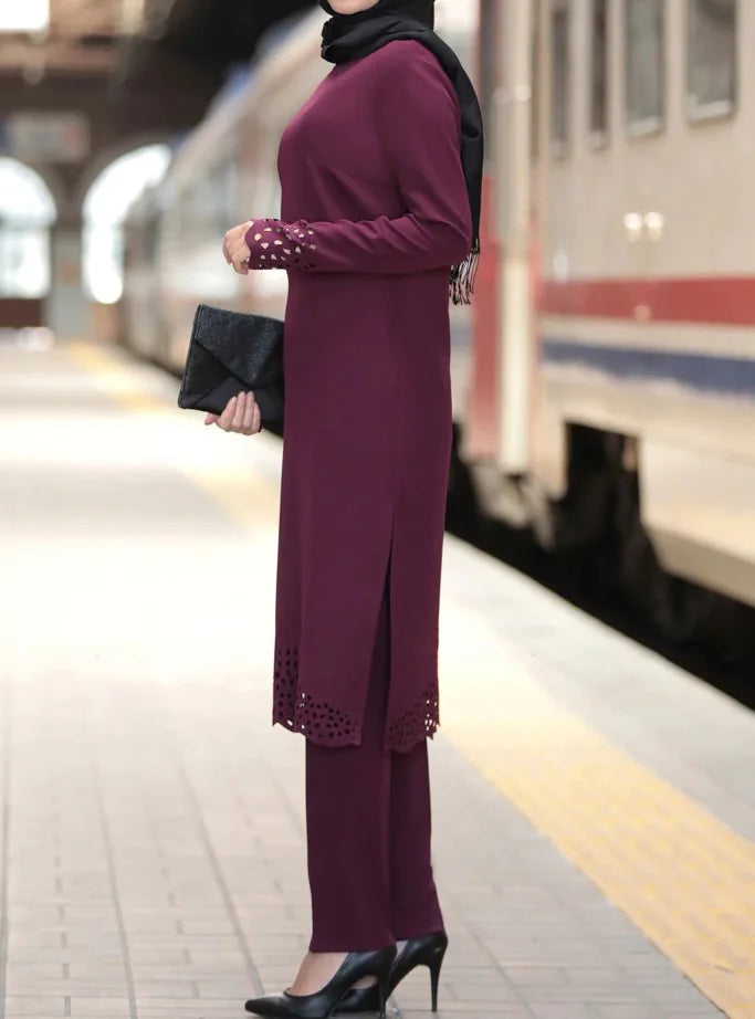 2025 Women Muslim Abaya Sets Fashion Hollow Out Long Sleeve Dreess and Pants Two Pieces Women Islamic Clothing Arab Dubai Kaftan