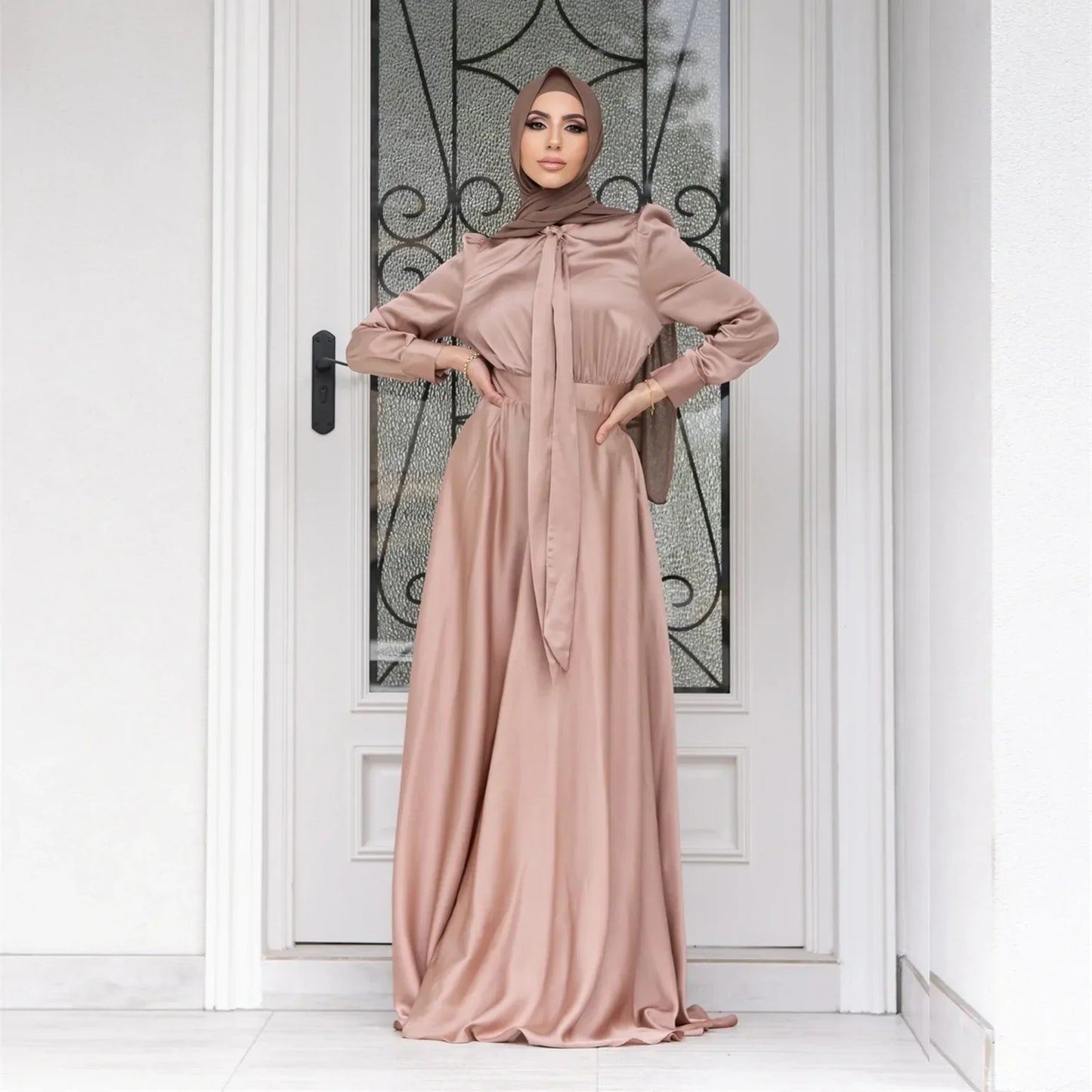 Elegant Satin Dress for Women Muslim Fashion Abaya Hijab Dubai Turkey Evening Dresses Arabic Kaftan Robe Female Islamic Clothing