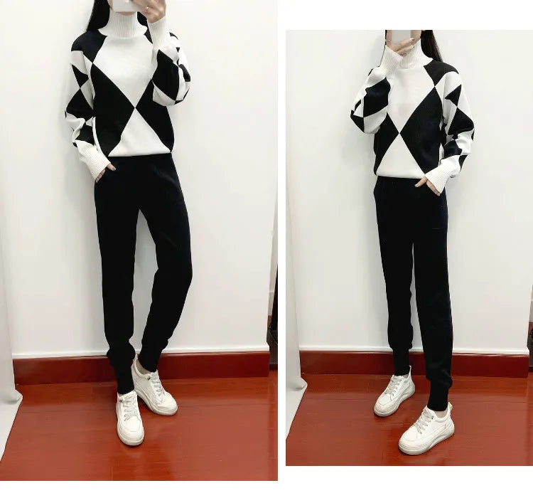 Winter Women Knitted 2 Pieces Set Muslim Casual Thicken Pullover Sweater Top +Knitted Pant 2PCS Suits Warm Set outfit Abaya 2024