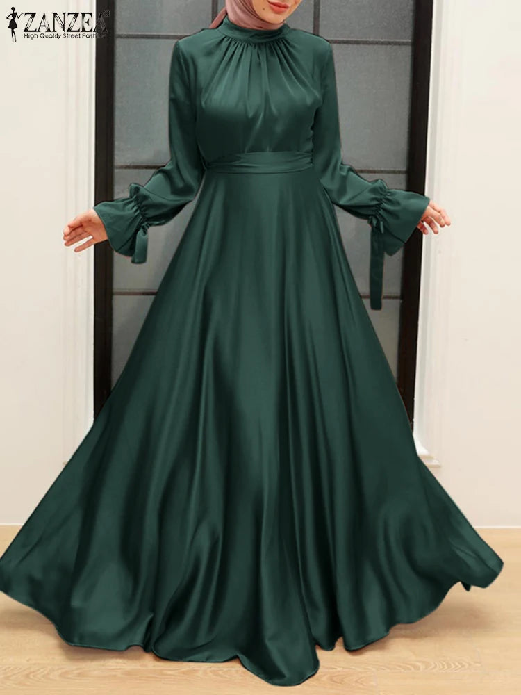 ZANZEA Elegant Satin Long Dresses Women Muslim Fashion Cinched Waist Hijab Islamic Abaya Robes 2024 Autumn Long Sleeve Vestidos