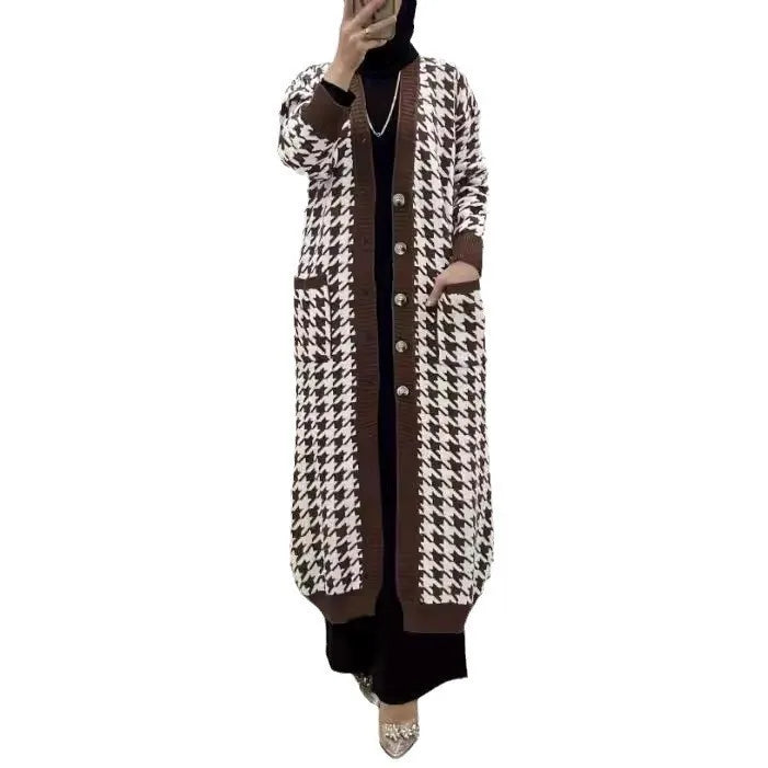 Muslim Women Knitted Coats Sweater Jacket Abaya Plaid Print Pockets Ramadan Modest Sweaters Morocco Dubai Casual Long Cardigan