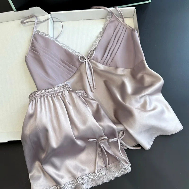 PLUS SIZE Suspender Pajamas Set Sleepwear Sexy Lace Bow Cami Shorts Pijamas Suit Lingerie Summer New Female Silky Satin Homewear