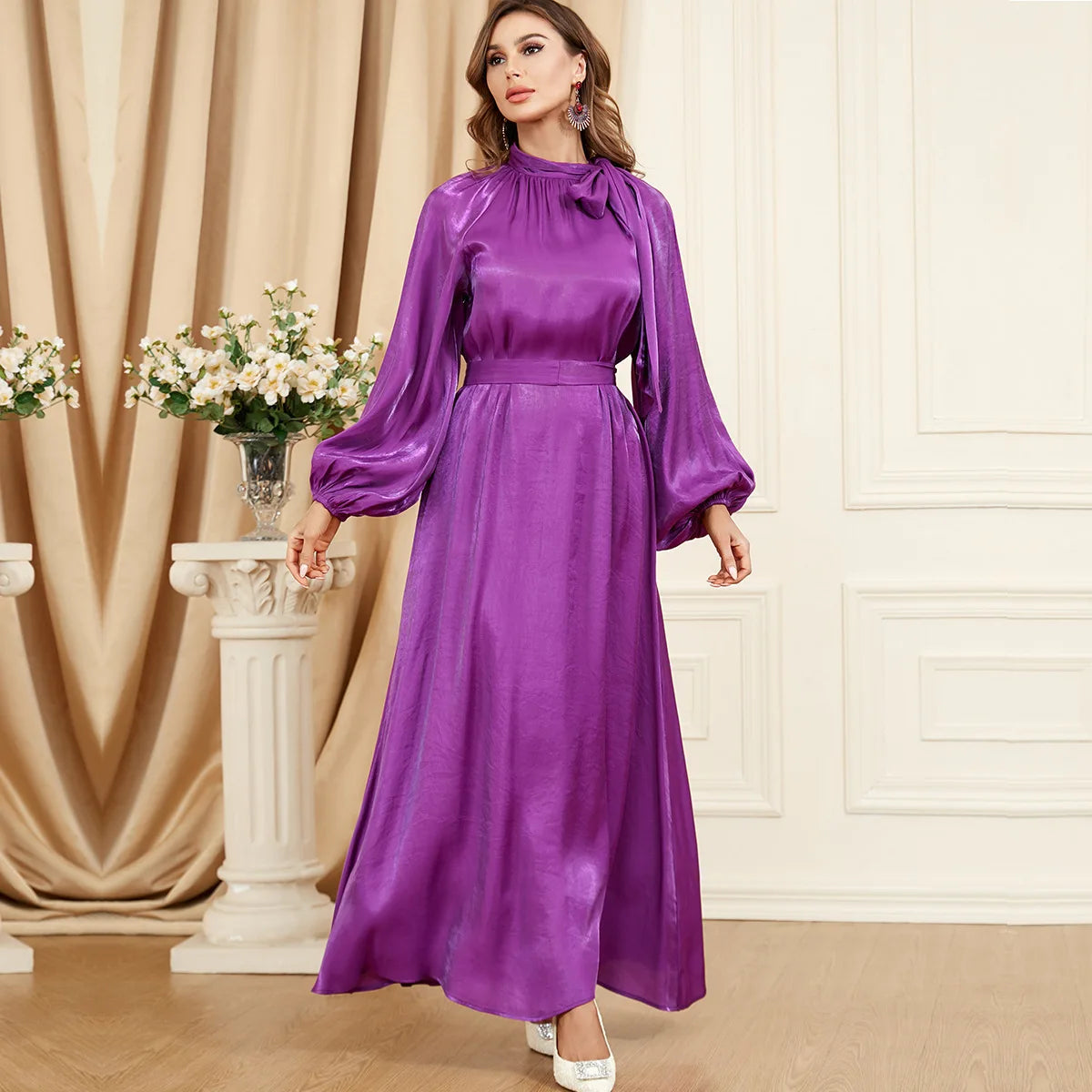 Bow Tie Neck Chic Eid Full Cover Ramadan Gown Puff Sleeve Morocco Muslim Dress Women Abaya Casual Islam Long Robe Femme Vestidos