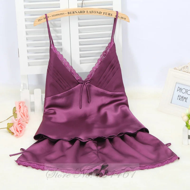 PLUS SIZE Suspender Pajamas Set Sleepwear Sexy Lace Bow Cami Shorts Pijamas Suit Lingerie Summer New Female Silky Satin Homewear