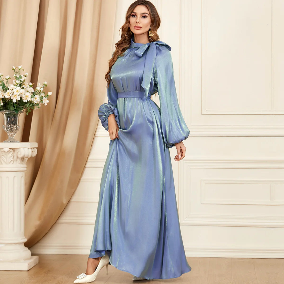 Bow Tie Neck Chic Eid Full Cover Ramadan Gown Puff Sleeve Morocco Muslim Dress Women Abaya Casual Islam Long Robe Femme Vestidos