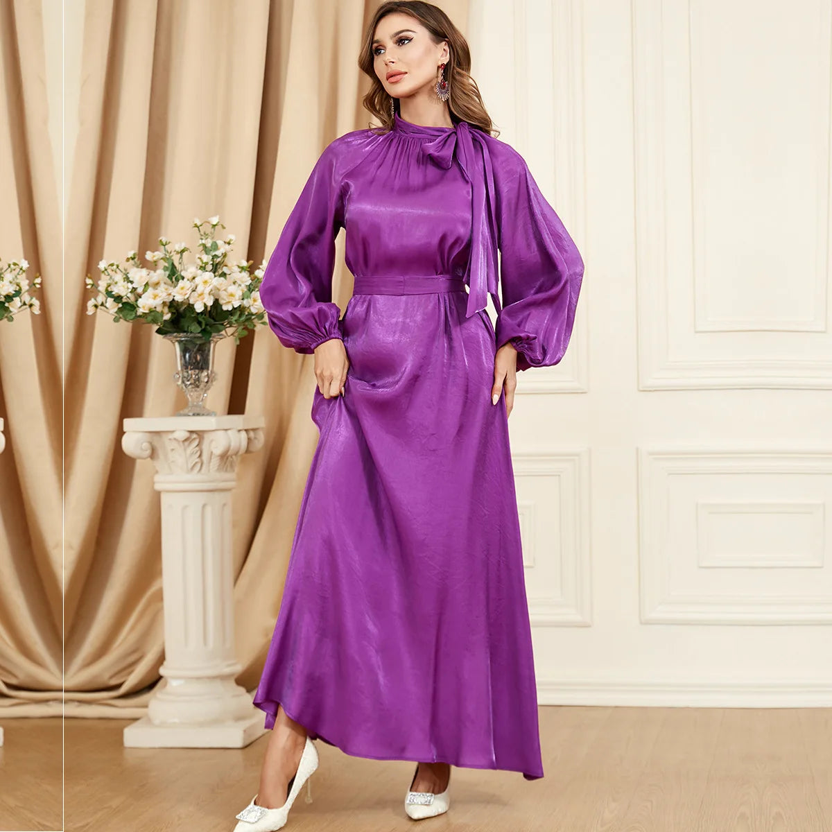 Bow Tie Neck Chic Eid Full Cover Ramadan Gown Puff Sleeve Morocco Muslim Dress Women Abaya Casual Islam Long Robe Femme Vestidos