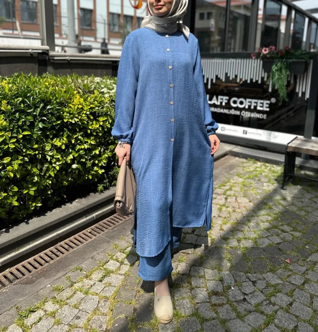 Muslim Dress for Women Blouse 2 Piece Set Long Sleeve Abaya Shirt Wide Leg Pant Suits Arabic Dubai Dresses Musulman Ensembles