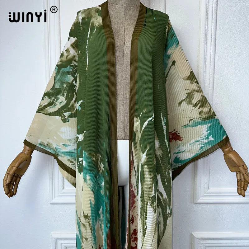 WINYI summer outfit kimono Pleated Tie-dyed print cardigan Beach Wear abaya dubai luxury Holiday beach maxi dress fashion coat