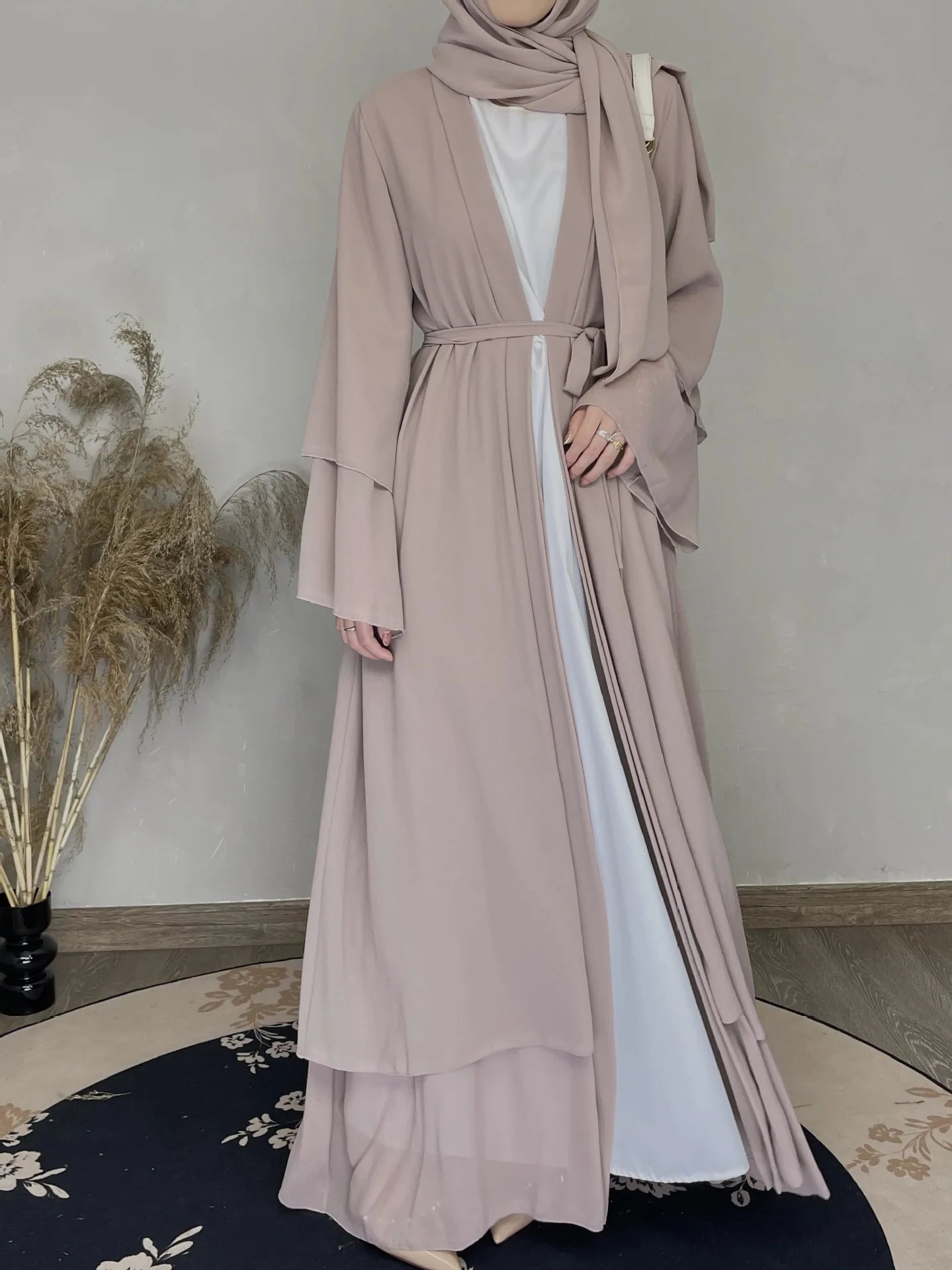 Women Eid Muslim Sets Two Pieces Ruffles Sleeve Long Robe Cardigan Arab Dubai Abaya Musulman Ensemble Solid Vestidos Abayas