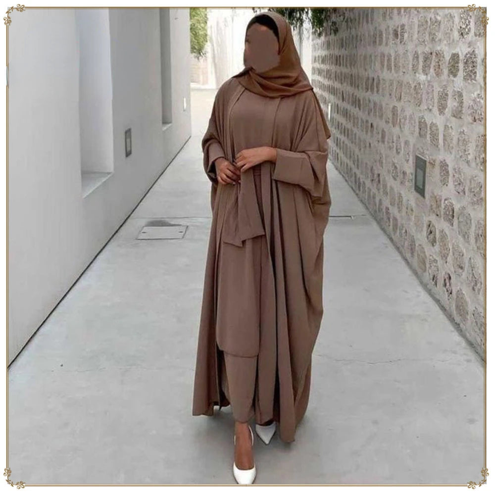 Fashion Muslim Kimono Abaya Cardigan Ramadan Dress Sets for Women Dubai Turkey Eid Islamic Comfortable Two Piece Sets