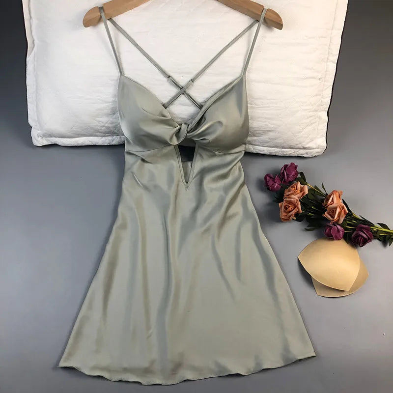 Female Nightdress Sexy Backless Spaghetti Strap Nightgown Sleepwear Spring Summer Nightwear Loose Silk Satin Home Dress Lingerie