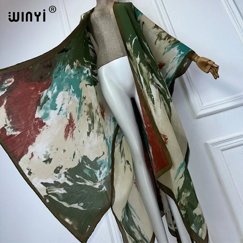 WINYI summer outfit kimono Pleated Tie-dyed print cardigan Beach Wear abaya dubai luxury Holiday beach maxi dress fashion coat