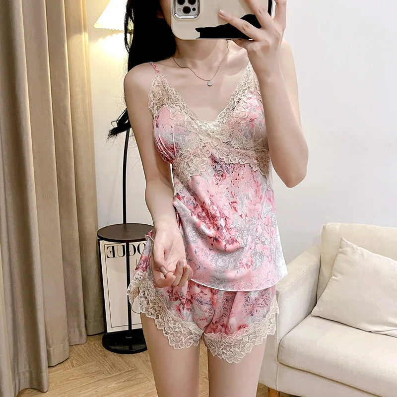 Daeyard Sexy Lace Cami and Shorts 2 Pieces Pajama Set For Women Silk Floral Pjs Lingerie Set Satin Sleepwear Nightwear