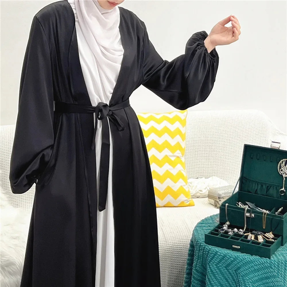 Satin Open Abaya Kimono Turkey BubbleSleeve Plain Abayas for Women Dubai 2023 Muslim Dress Islam Modest Outfit Kaftan Hijab Robe