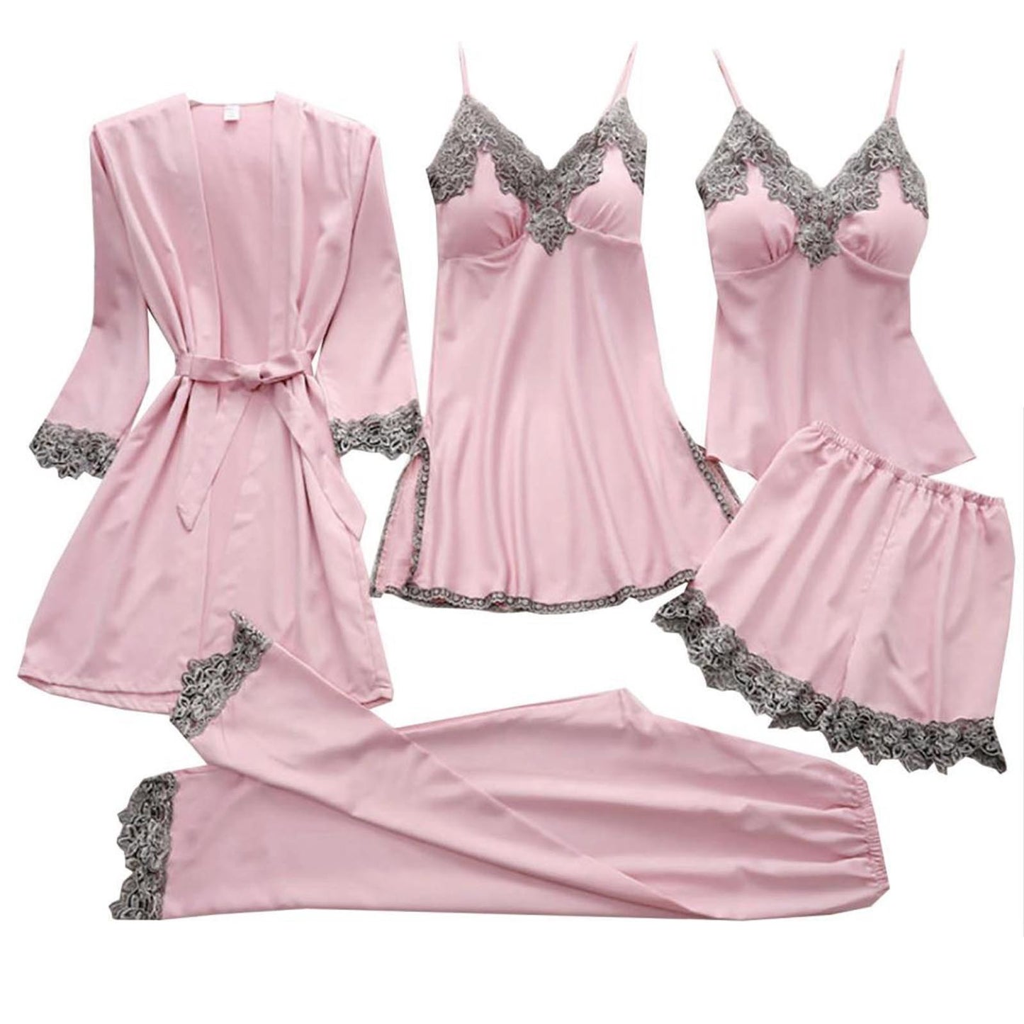 Sleepwear Women Pajama For Sleeping Satin Pajama Set 5pcs Sexy Sleepwear Silky Pajama Set Lace Cami Pjs With Robe Nightwear