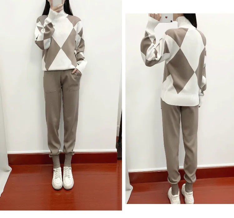 Winter Women Knitted 2 Pieces Set Muslim Casual Thicken Pullover Sweater Top +Knitted Pant 2PCS Suits Warm Set outfit Abaya 2024