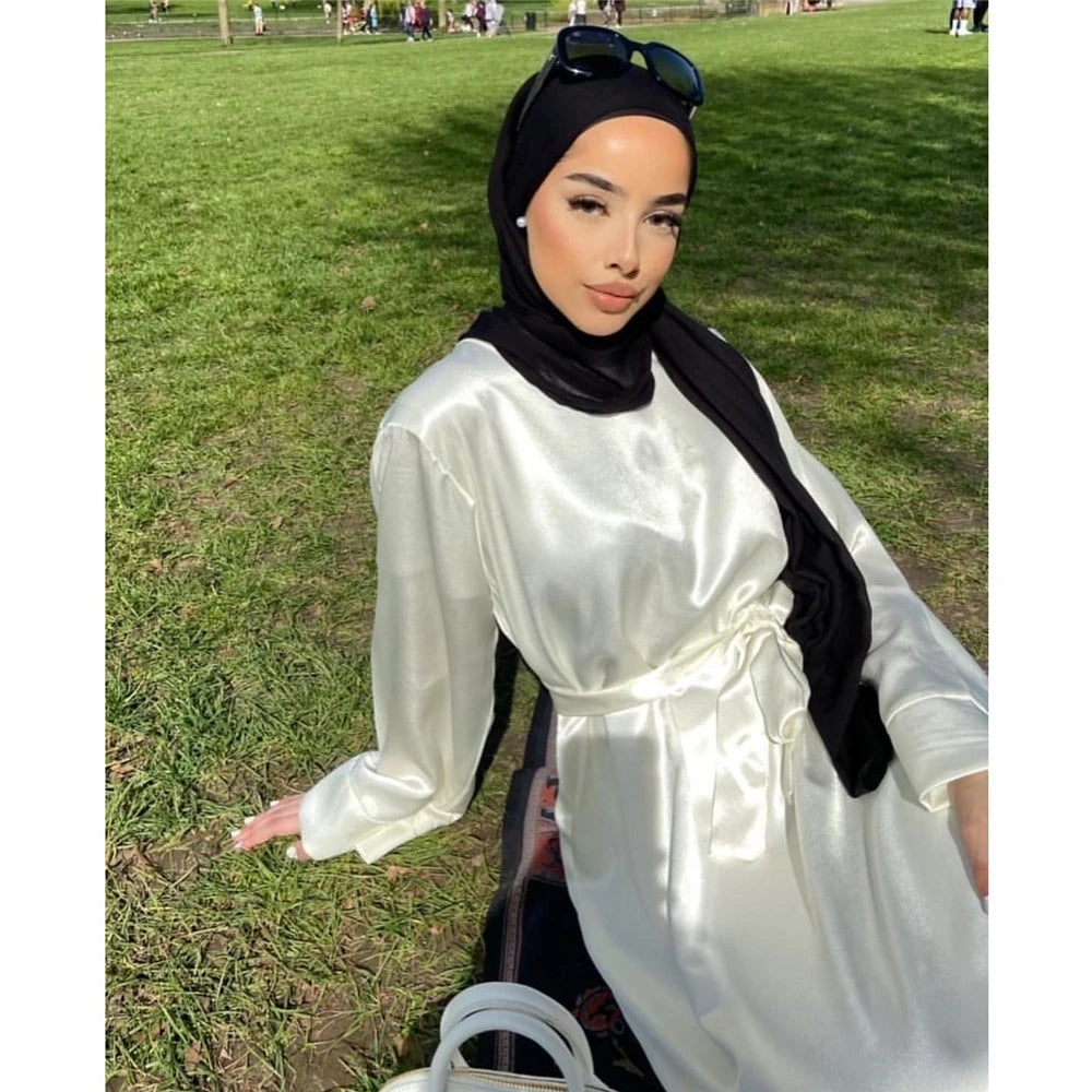 Eid Mubarak Satin Abaya Elegant Women Muslim Ramadan Long Maxi Dress Turkey Arabic Dubai Jalabiya Islamic Clothing Robe Vestidos