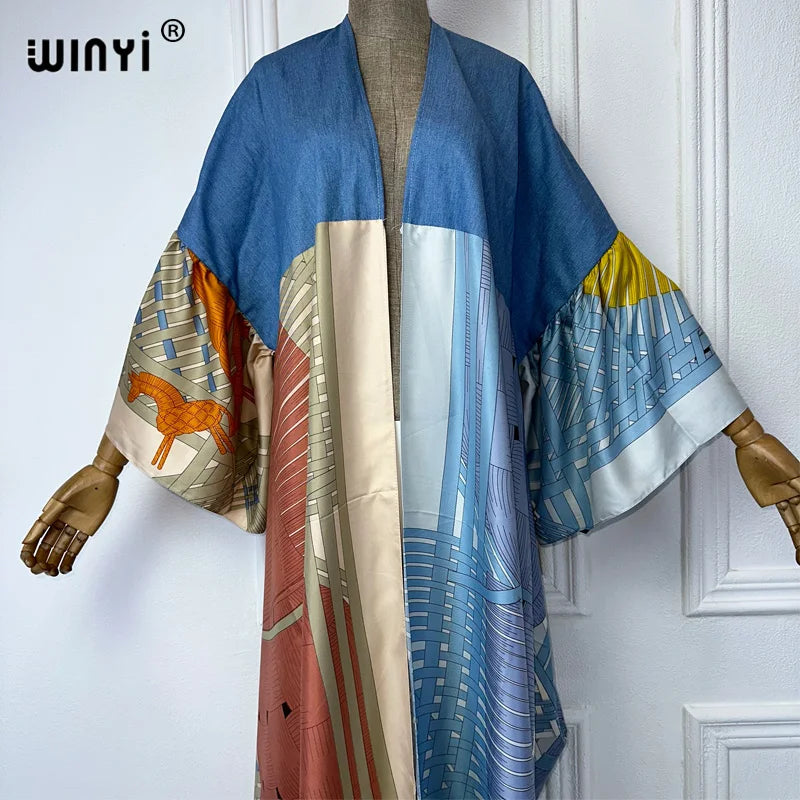 WINYI summer Denim patchwork printed cardigan for women OverCoat elegant kimono long down coat kimono maxi dress open abaya