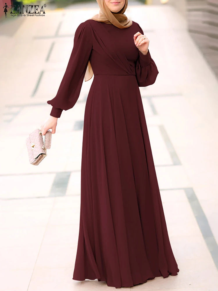 Women Spring Sundress ZANZEA Fashion Solid Muslim Dress Casual Abaya Marocain Turkish Robe Femme Lantern Sleeve Maxi Vestidos