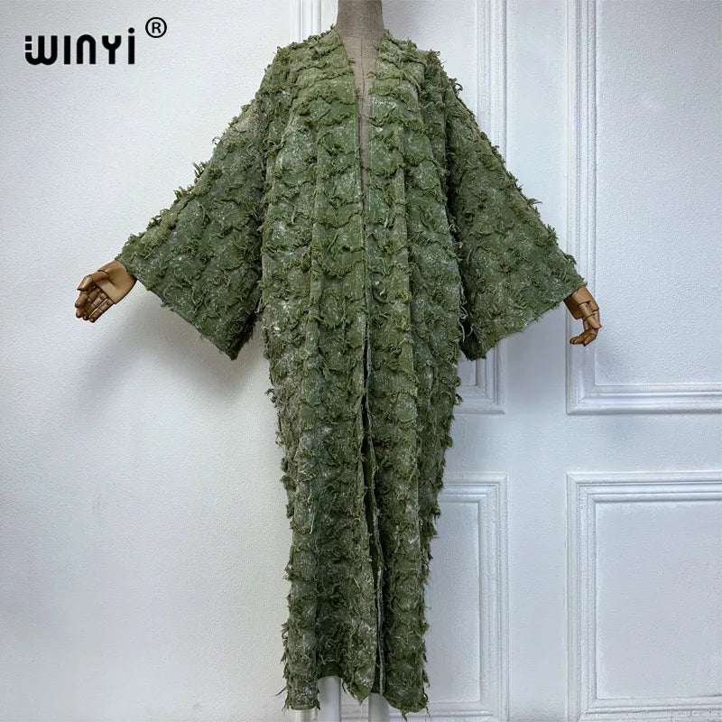 WINYI cotton Waste soil wind tie-dyed cardigan for women OverCoat elegant kimono long down coat kimono maxi dress open abaya