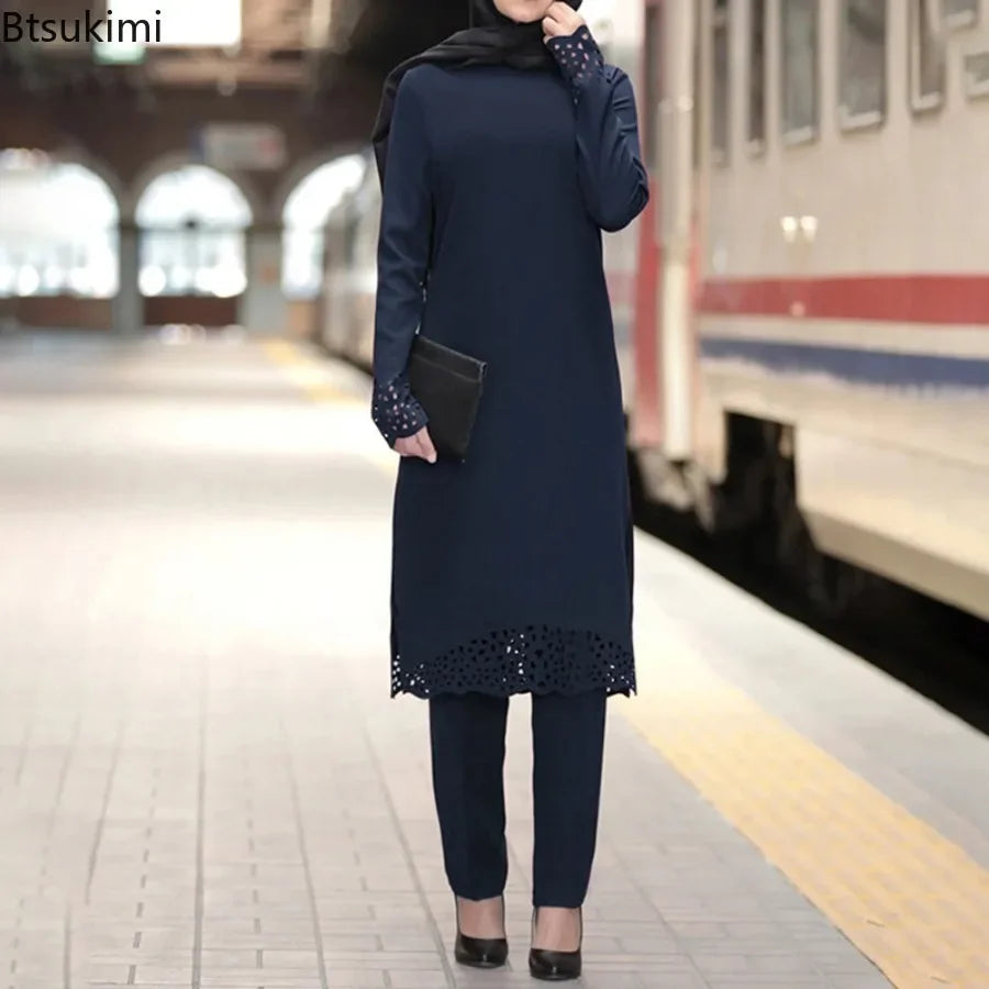 2025 Women Muslim Abaya Sets Fashion Hollow Out Long Sleeve Dreess and Pants Two Pieces Women Islamic Clothing Arab Dubai Kaftan