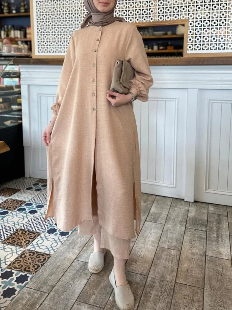 Muslim Dress for Women Blouse 2 Piece Set Long Sleeve Abaya Shirt Wide Leg Pant Suits Arabic Dubai Dresses Musulman Ensembles