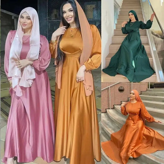 2023 Women Satin Robe Evening Party Long Dress Dubai Fashion Lace Up Belted Gown Muslim Abaya Kaftan Robe Ethnic Vestidos